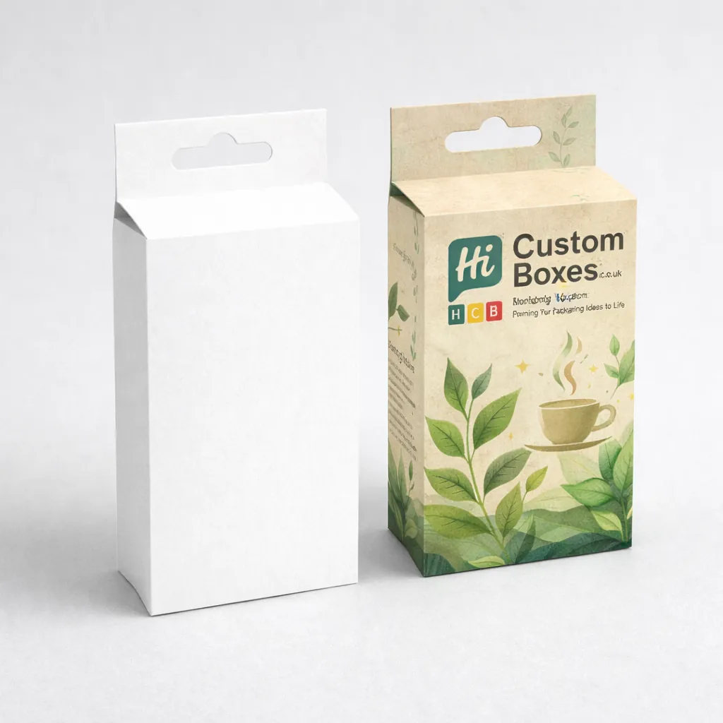 Hanging retail tea packaging boxes with a die-cut tab available in white and custom printed. class=